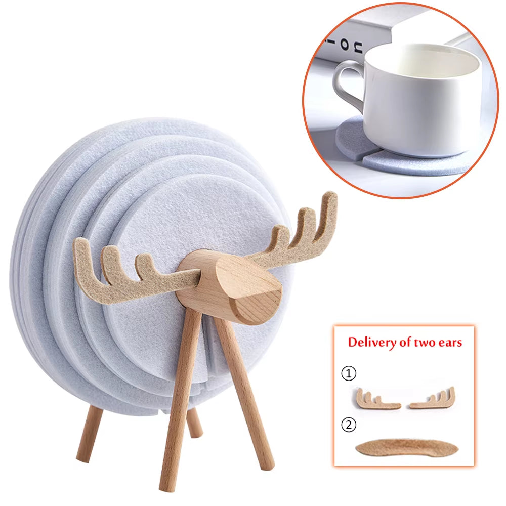 New Christmas Elk Shape Drink Coasters Cup Pads Insulated round Felt Cup Mats Creative Home Office Table Decor Art Crafts Gift