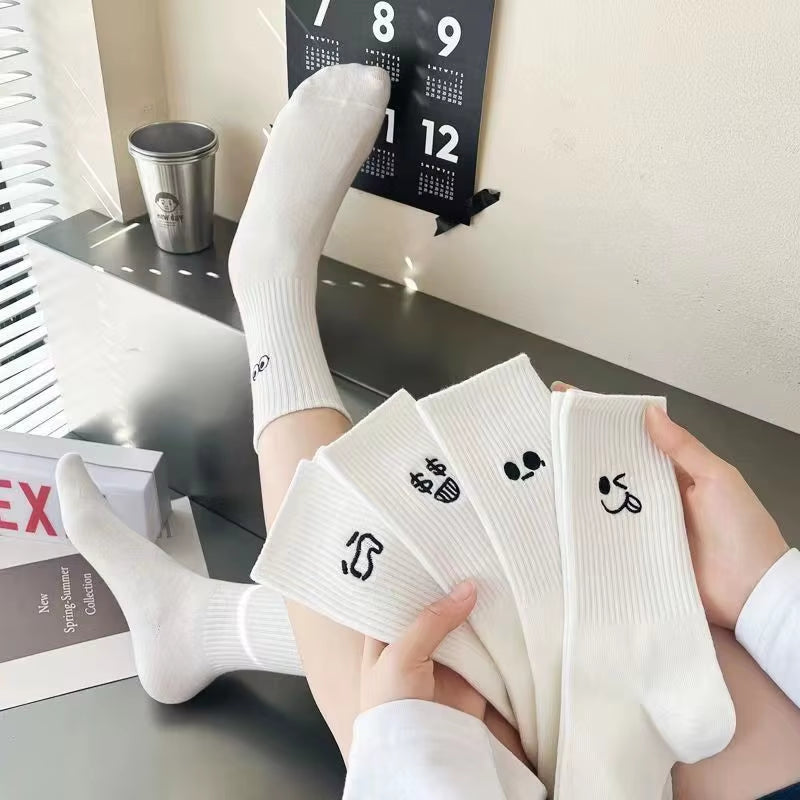 New 5 Pairs Cool Women White Cute Funny Socks Set Cartoon Lady Autumn Winter Female Girl Kawaii Sport Short Socks for Women